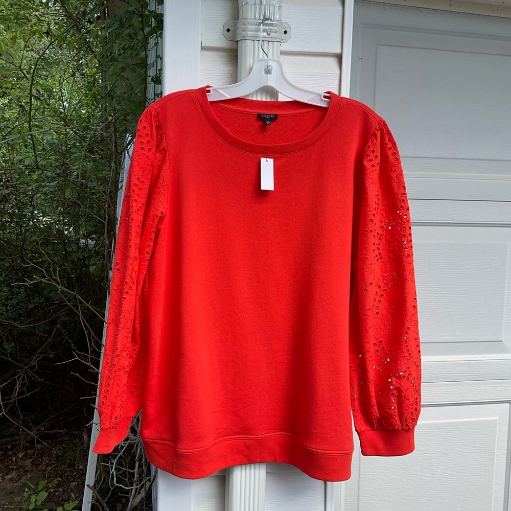 NWT Talbots Fun Orange Eyelet Sleeves 100% Cotton Sweatshirt